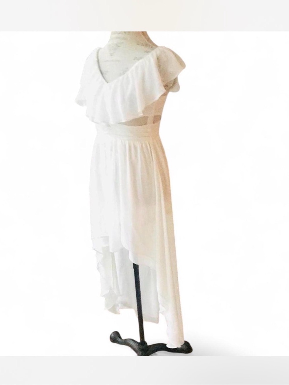 Arden B White Ruffled V-Neck Cut Out Asymmetric Tiered Dress Sz XS